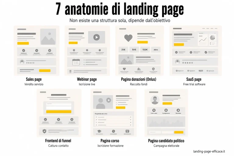 Confronto visivo dei 7 tipi principali di landing page: Sales, Webinar, Onlus, SaaS, Frontend funnel, Corso, Candidato politico