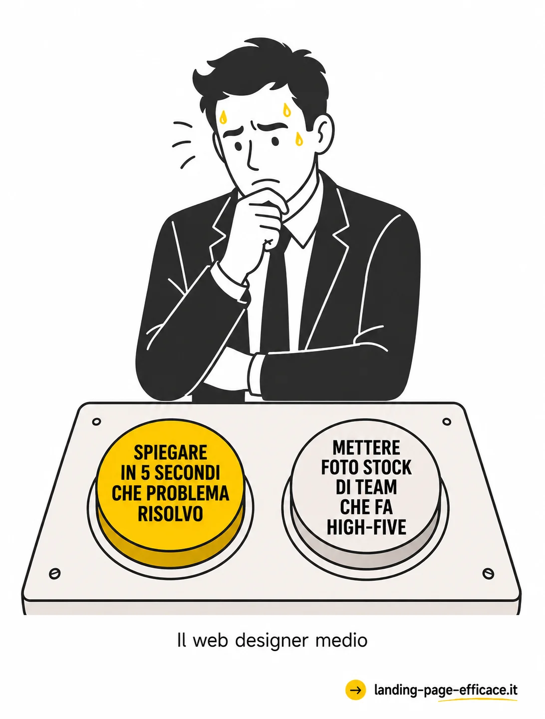 Meme satirico sul dilemma del web designer tra spiegare il problema in 5 secondi e usare foto stock generiche Meme stile two buttons sulla scelta dei web designer tra spiegare in 5 secondi il problema risolto e mettere foto stock di team che fa high-five