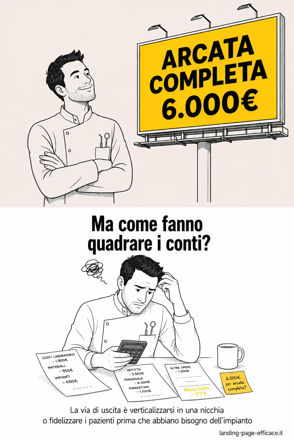 Meme satirico sulla realizzazione del dentista che capisce di non poter competere con le strutture di costo dei network low-cost Meme di Luca Orlandini sulla realizzazione del dentista che inizialmente pensa di poter competere con i network low-cost ma poi capisce che hanno strutture di costo non replicabili