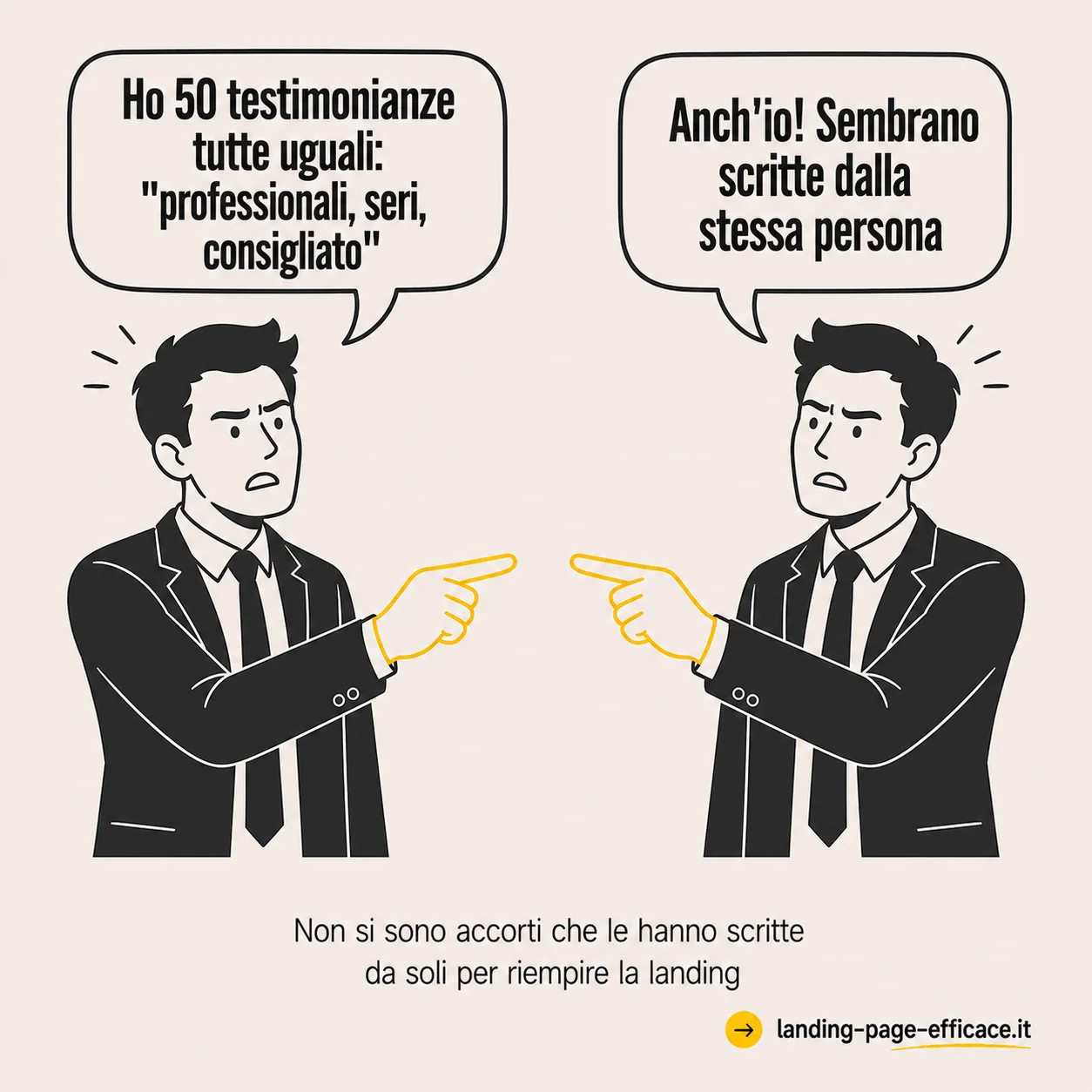 Meme satirico sulle testimonianze che sembrano scritte tutte dalla stessa persona Meme stile pointing di Luca Orlandini su due imprenditori che riconoscono di avere testimonianze tutte uguali scritte da loro stessi