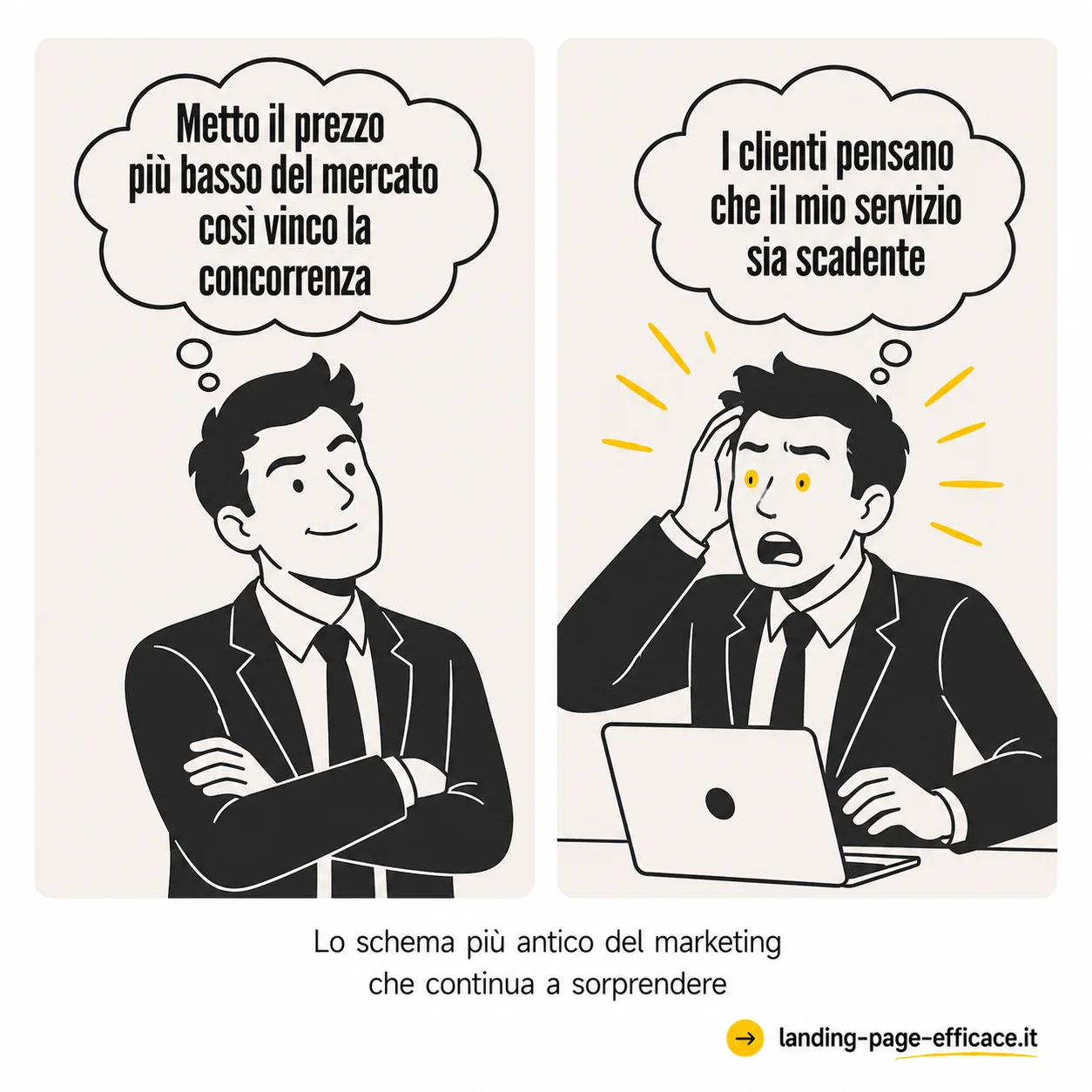 Meme satirico sull'errore di abbassare il prezzo per battere la concorrenza Meme di Luca Orlandini sulla sorpresa dell'imprenditore che mette il prezzo più basso e scopre che i clienti pensano sia scadente