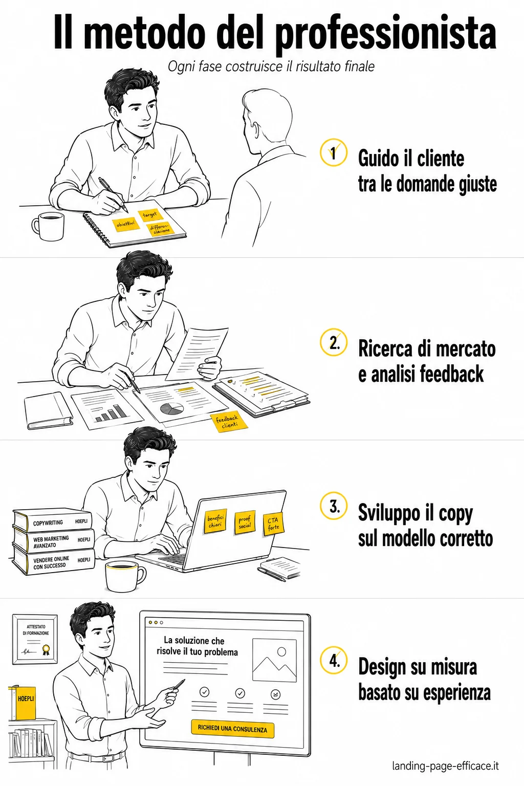 Le scorciatoie del web designer: ogni scelta ti porta più vicino al risultato (variante B) Meme satirico sulle 4 scorciatoie sbagliate del web designer per le landing page, illustrato con la progressione del clown che si trucca