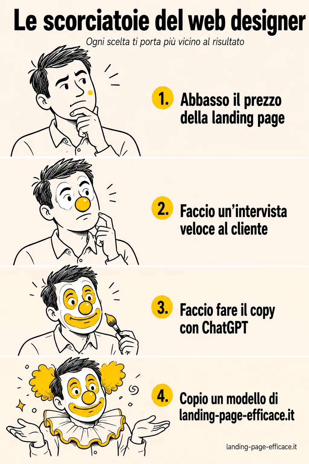 Le scorciatoie del web designer: ogni scelta ti porta più vicino al risultato Meme satirico sulle 4 scorciatoie sbagliate del web designer per le landing page, illustrato con la progressione del clown che si trucca