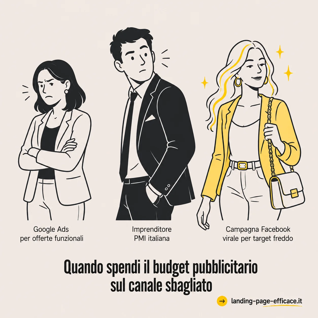 Meme satirico sull'imprenditore PMI distratto dalle campagne Facebook virali invece di concentrarsi su Google Ads per offerte funzionali Meme stile distracted boyfriend di Luca Orlandini sull'imprenditore italiano che spende il budget su Facebook virale invece che su Google Ads