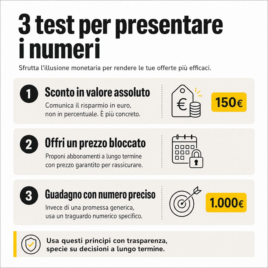Infografica: Illusione monetaria: sconto in valore assoluto converte